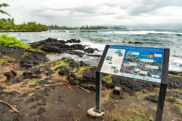 Richardson Black Sand Beach Park Sign and Coast Hilo Big Island