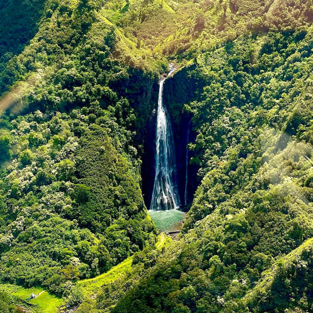 bluehawaiian helicopter around the volcanoes waterfall