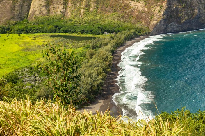 Waipio stream meets the ocean along a black sand beach