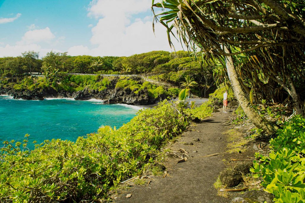 black sand beach small trail road to hana maui hawaii