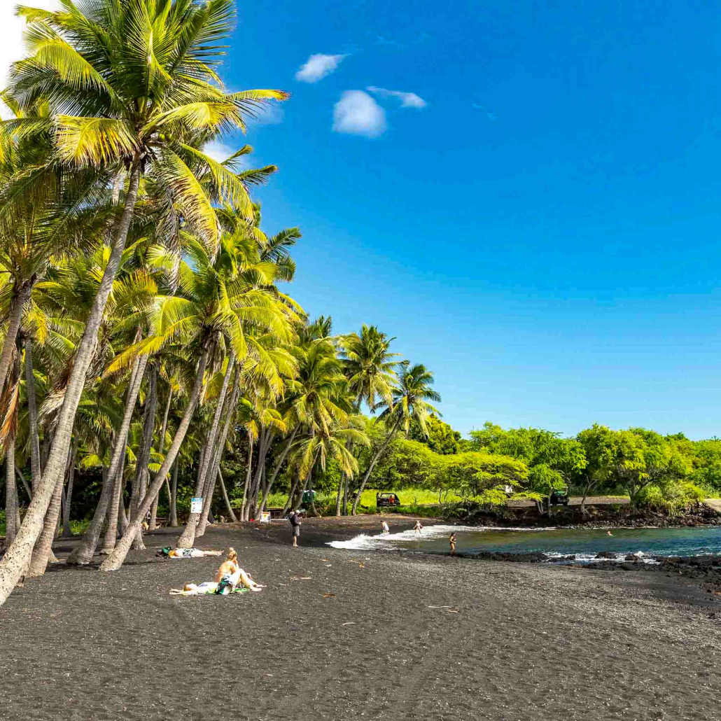 punaluu black sand beach visitors and trees big island