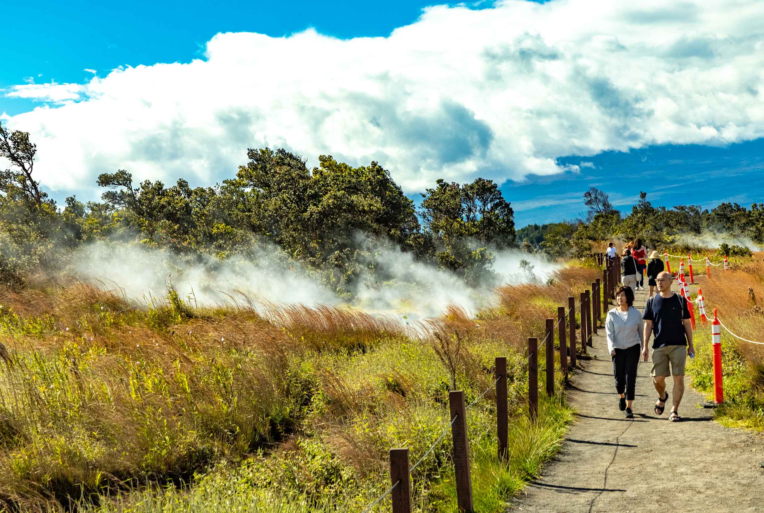 Visitors along Steam Vents Trail in Volcanoes National Park Big Island Hawaii